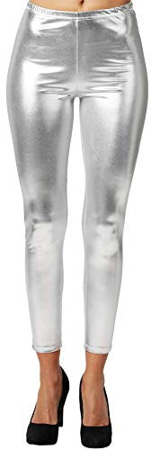 dressforfun 901008 Damen Metallic Leggings, glänzende Hose mit hoher Taille, Shiny Leggings im Wet Look für Party Tanz Disco Kostüm Fasching Karneval - Diverse Größen - (S | Silber | Nr. 303597)