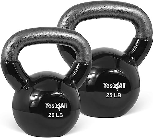 Yes4All Kettlebells 20 25 lbs Set Weight Vinyl Coated Cast Iron for Dumbbell Weights Exercises, Gym, Fitness, Full Body Workout Equipment Push up, Grip and Strength Training, Black
