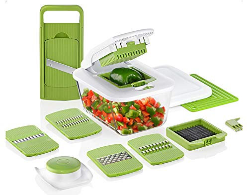 LTLCLZ Gemüseschneider 7 in 1, Zwiebel Zerkleiner, Edelstahl Klingen,lebensmittelbehälter Aus Glas, Obst Und Gemüseschneider Zwiebelschneider, Ideal Zum Hobeln Von Obst Und Gemüse