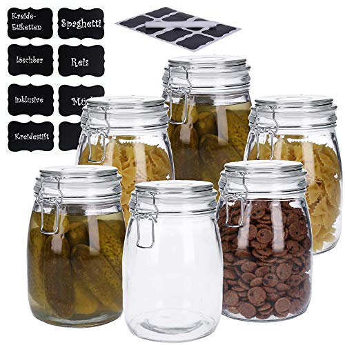 6er Set Vorratsdosen aus Glas mit Bügelverschluss, Vorratsgläser, Glasbehälter | Runde bzw. Ovale Form | inkl. 8 Kreideetiketten und Stift | luftdicht, auslaufsicher, Mottensicher (6x 1000ml)