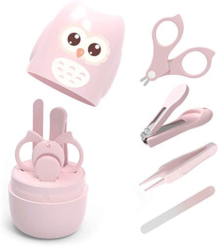 VOARGE Baby Nagelpflegeset Neugeborene, Babypflege Baby Maniküre Set mit sicherem Baby Nagelknipser,Schere,Pinzette und Nagelfeile, Süßer Eule Geschenk-Verpackung rosa