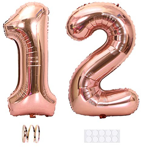 Xihuimay Number 12 Balloons - 40 inch Digital Balloons with Rose Gold Numbers for Birthday Party, Wedding, Bachelorette & Bridal Shower