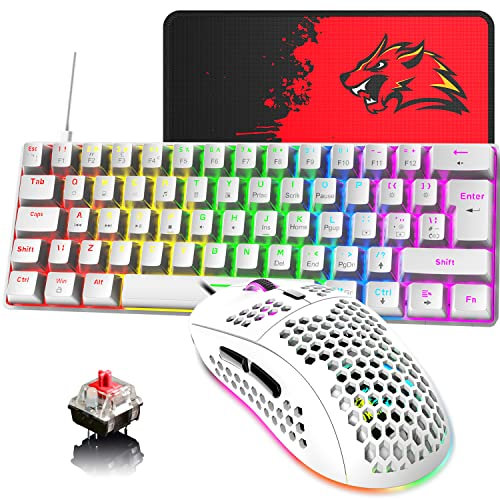60% UK-Layout Kabelgebundene Gaming-Tastatur und -Maus 62Keys Mini Compact Mechanical Keyboard, 19 Rainbow Lighting Effect +6 RGB Lighting Effect6400 DPI Leichte Gaming-Maus (weiß/roter Schalter)