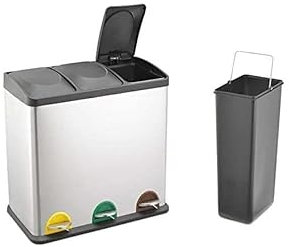 EVRE Stainless Steel Multi Compartment Recycling Bin with Removable Inner Buckets, Odour Seal, Non Slip Base Dustbin for Rubbish Trash Waste Indoor Kitchen Office Home (45L, 3x15L Compartments)