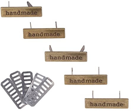 5 Stück Metall Handmade Tag, Retro Handgemachte Metalletiketten, Handmade Label Schilder mit Löcher und Unterlegscheibe für DIY Schmuckherstellung Handwerk Nähen Kleidung Hüte Basteln Dekoration