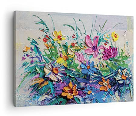 Bilder auf Leinwand Blumen die Farben pastos Leinwandbild 70x50cm Wandbilder Dekoration Wohnzimmer Schlafzimmer Küche Deko Klein Wanddeko Bild Wand Kunstdruck Art Wall Decor Canvas AA70x50-4521