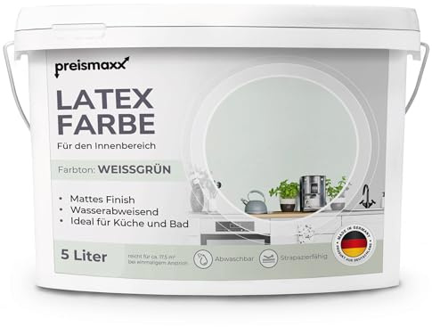 Preismaxx Latexfarbe Weissgrün abwaschbar hohe Deckkraft Wandfarbe matt 5l | Abwischbar Küche, Bad, Flur, Treppenhaus Kinderzimmer, strapazierfähig, flecken entfernen leicht zu reinigen hohe Deckkraft
