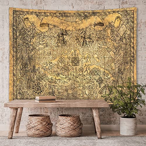 Antike Maya-Wandteppich, Vintage-Azteken-Karte mit Götter, alte Schiffe, Tempel, braune Symbole, Wandbehang, Maya, Zivilisation, Wandteppich für Schlafzimmer, Mandala, Wohnheim, 60x40 cm