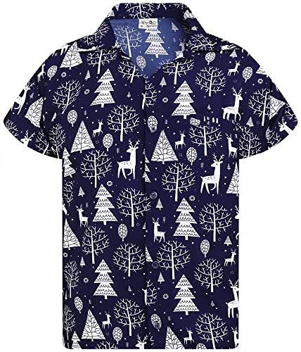 King Kameha Funky-Hawaii-Hemd, Weihnachten, Herren, Kurzarm, Christmas-Reindeer-Allover, Blau, 5XL