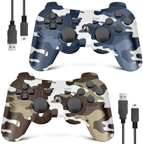 Controller PS3 wireless, confezione da 2, controller joystick aggiornato per PS3 con doppio shock, controllo del movimento (marrone mimetico e blu mimetico)