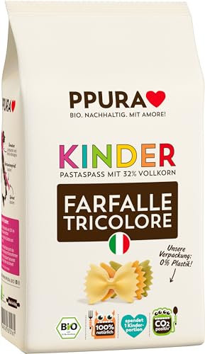 PPURA Bio Pasta Kinder Farfalle Tricolore 500g – Bio Farfalle Nudeln mit 32% Vollkornanteil, Made in Italy – Ohne Zucker, Zusatzstoffe & Farbstoffe, traditionell hergestellt & nachhaltig verpackt