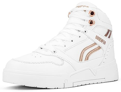 Sosenfer Damen Keilabsatz Schuhe High Top Hidden Wedges Sneakers mit Keilabsatz Plateau Freizeitschuhe Platform Walking Schuhe Turnschuhe Weiß Golden 41