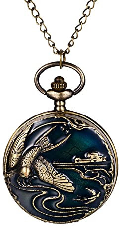 JewelryWe Taschenuhr Herren Vintage Schwalben Pistole Kettenuhr mit Arabischen Ziffern Retro Analog Quarz Uhr Anhänger mit Halskette Kette für Damen Männer Bronze