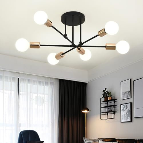 ZYDTRIP Sputnik Chandelier Ceiling Light, 6-Light Ceiling Light for Bedroom,Dining Room,Kitchen,Office, Black and Gold