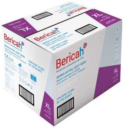 Bericah,Derma Nytril Soft Nero,Guanti in Nitrile, Senza Polvere, Taglia XL,10 box da 100 guanti