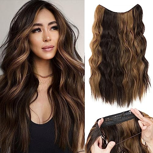 TESS Flip in Extensions 60 cm, Dunkelbraun Mit Sandfarbenem Blond Balayage Secrets Haare Extensions Gewellt 150g mit 4 Clips Extensions mit Band Synthetik Hair haarverlängerung mit Gummiband