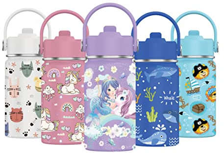 Mi Ko Mi Ka Botella de Agua para Niños de Acero Inoxidable 350ml - Térmica Reutilizable | Sin BPA | Mantiene 24H Frio / 12H Calor | Termo y Hermética - A Prueba de Fugas (Sirena y Unicornio)