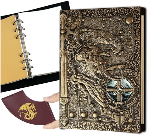 DDFE DND-Notizbuch, 3D-geprägtes Leder-Tagebuch, Vintage-Buch mit 400 Seiten, nachfüllbares 6-Ringbuch für Dungeons und Drachen, D&D-Würfelzubehör, Rollenspiele, tolles DND-Geschenk