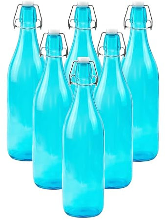 simpa 1 Litre Traditional Vintage Style Glass Bottles with Swing Top Lids - Set of 6 Blue Bottles.