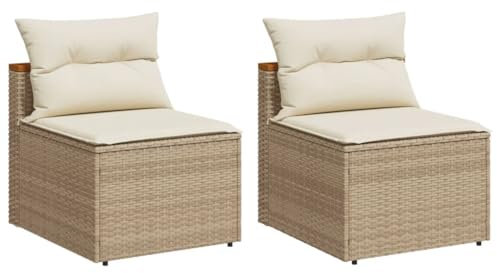 vidaXL Gartensofas 2 STK., Gartensofa ohne Armlehnen mit Kissen, Modular Sofa Stahlrahmen, Gartenmöbel Rattanmöbel, Beige Poly Rattan