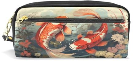 Blumenmuster Schwimmender Fisch Federmäppchen aus Leder,Mäppchen Schlamperbox Stifttasche,Make-up-Tasche,Organizer für Jungen Mädchen