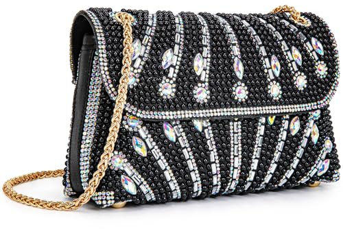 BBTT.ful Perlen und Strass Damen Abendhandtaschen Schultertaschen Crossbody Taschen für Frauen Clutch Geldbörse mit Kette, 2. Feuerwerk: Schwarz, 1560 cubic centimeters