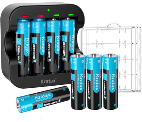 Kratax Rechargeable AA Lithium 1.5V Batteries - High-Capacity 3500mWh - 1600 Cycles - Full-Recharged 8 Pack with Ultra Fast Charger, Long-Lasting, Constant Output for Household Office Device