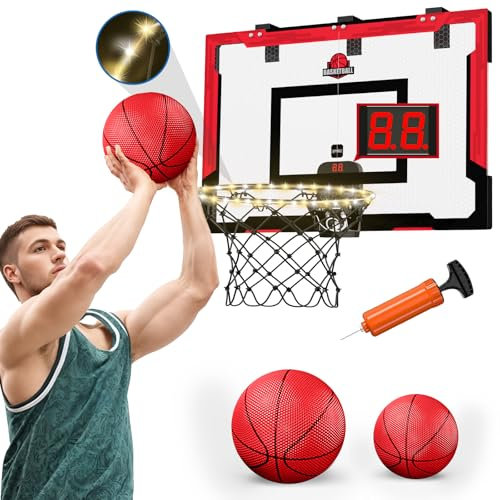 HYES 24 x 16 Panier de Basket Interieur pour Enfants, Panier de Basket avec Scoreboard et éclairage, Panier Basket Chambre avec 2 Ballons, Pompes, Jouet de Sport pour extérieur, Rouge