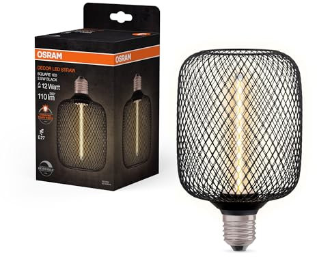 Osram DECOR quadratische LED mit Strohfilament, 3.5W, 110lm/1800K, gemütliches Warmweiß 818, klares schwarzes bleifreies Glas, mit E27 Schraubgewinde, 100 mm Durchmesser, Black