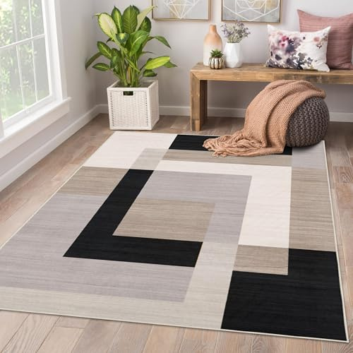 AMEHA Rugs Living Room Large 200x290 cm - Rugs for Bedroom (Milo Neutral) | Easy to Clean Non Slip Modern Carpet Non Shedding Geometric Style Durable Soft Low Pile Large Bedside Rug for Kids Room