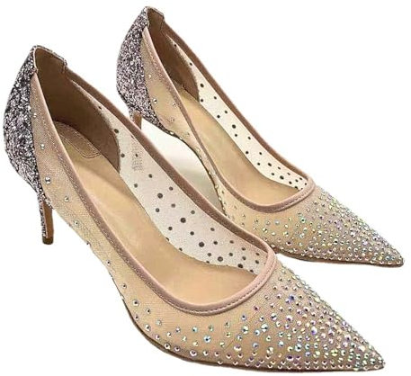 WOkismD Pumps mit Pailletten und Strasssteinen für Damen, Spitze, geschlossene Zehenpartie, Stiletto-High-Heels, Mesh-Schlupfpumps für Partys, Hochzeiten,Beige,43