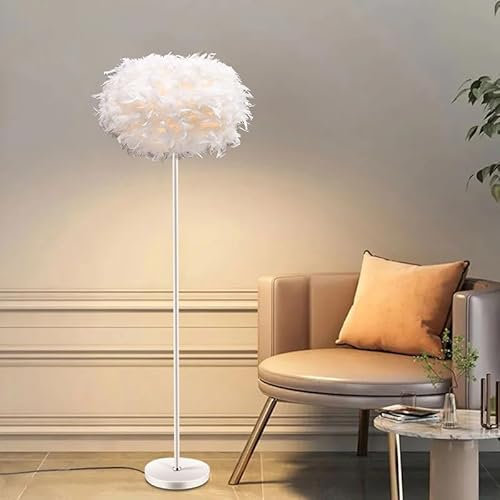 ELINKUME Feder LED Stehlampe Wohnzimmer,Stehleuchte mit Fußschalter,55INCH Höhe Weiße Feder Standleuchte für Schlafzimmer,Esszimmer,Arbeitszimmer,Ecke Home Decor(E27 Lampenhalter)