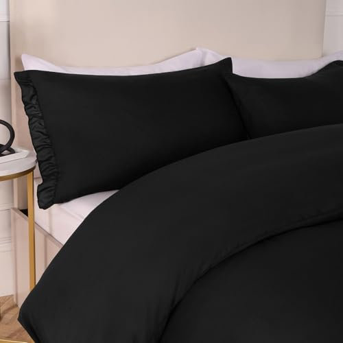OHS Superking Frill Duvet Bedding, Ultra Soft Cosy Fabric Decorative Touch Frill Edge Design Microfibre Black Duvet Cover with 2 Pillowcases, Superking - Black