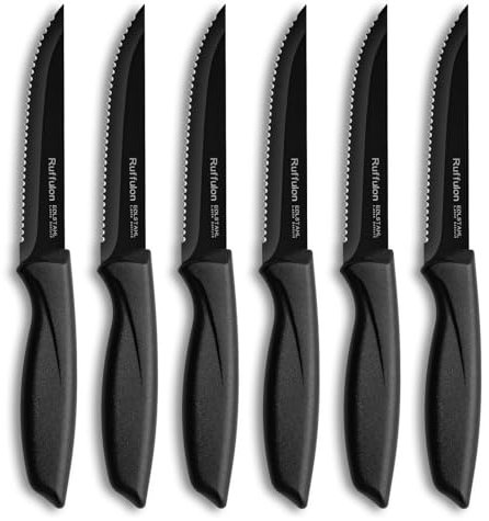Ruffulon Serrated Stainless Steel Steak Knife Set of 6 - Black Kitchen Knives with Ergonomic Handle, Durable Multipurpose, Sharp, Rust Resistant and Dishwasher Safe