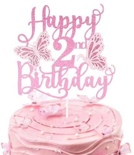 Personalised Pink 3D Butterfly Happy 2nd Birthday Glitter Cake Toppers,Pink Butterfly Theme Cake Toppers for Cake Decorations Girls 2 Years Old Birthday Party Keepsakes