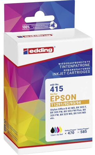 edding Druckerpatrone ersetzt Epson T1295, T1291, T1292, T1293, T1294 Kompatibel Kombi-Pack Schwarz, Cyan, Magenta, Gel