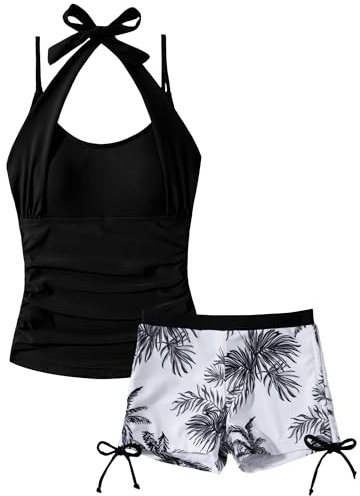 Happy Cherry Maillot de Bain 2 Pièces Ado Fille Tankini Bretelles et Shorty Imprimé avec Cordons Ajustables Ensemble de Plage Piscine 7-16 Ans