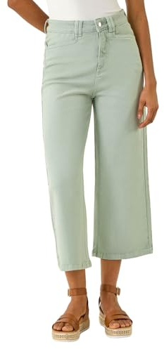 Roman Originials Denim Culottes for Women UK Ladies Cotton Cropped Trouser Wide Leg Jean Stretch Pants Capri 3/4 Length Three Quarter Summer Loose Casual Spring Lounge Pockets - Light Green - Size 8