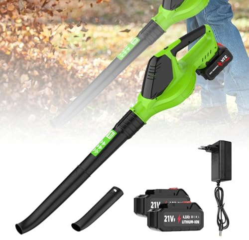 Kabelloser Laubbläser, 21 V – 120 CFM/100 MPH, elektrisch, mit Akku, 3000 W, leicht, 5 einstellbare Geschwindigkeiten, ideal für Garten, Rasen, Gartenreinigung (zwei Batterien)