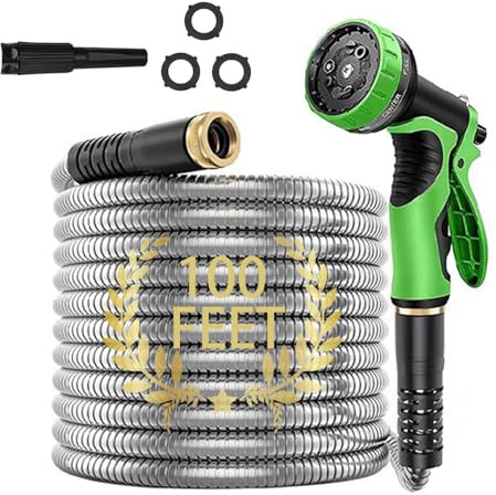 Blendra 304 Stainless Steel Garden Hose 100FT - Hosepipes for Garden Water Hose with 10+6 Way Spray Nozzle (3/4 1/2 Connectors) for Outdoor Gardening, Lawn Care & Home Use - Green