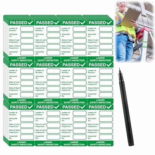 96 PCS Ladder Tags,Ladder Safety Inspection Labels with Black Marker,Self Adhesive,Protect for Indoor and Outdoor,Long Lasting,Weatherproof(80MM X 50MM)