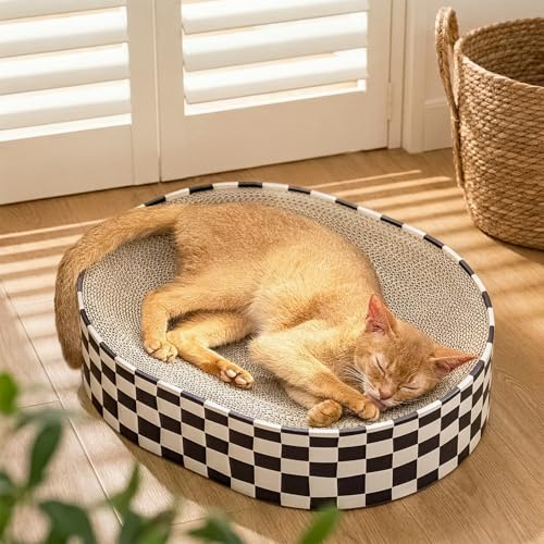 Ovales 2-in-1 Katzenkratzbrett mit Schlafnest – Kratzpappe als Kratzschale & Katzenbett für Sofa, Teppich und Möbel, platzsparendes Design für Wohnungskatzen (43x33x9cm, 1er-Pack)