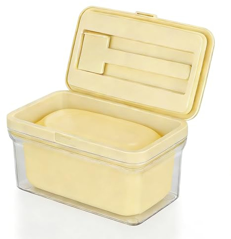 Cozary Butterdose Glas mit luftdichtem Deckel für 500 g Butter, klare Butterschale mit Buttermesser, Butterschale mit Deckel, Leicht zu Reinigen, Butterbox für Haushalt und Küche, 16x10x9cm, Gelb
