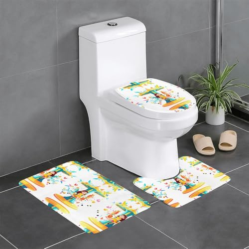 WHJSSF Happy Carousel Park Prints 3-teiliges Badezimmerteppich-Set, rutschfeste Fußmatten für WC, Waschtisch und Deckelbezug, leicht zu reinigen