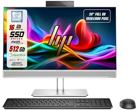 HP EliteOne 800 G4 All-In-One PC - Intel i7-8700 Display 24 FHD - Ram 16Gb SSD 512Gb - Webcam Wi-Fi Win 11 Pronto all'uso con Mouse & Tastiera Wifi (Ricondizionato)