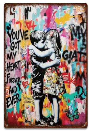 SUPERDANT Junge Mädchen Umarmung Blechschild Graffiti Blechschilder Retro Zeichen Bunte Eisen Plakette Vorgebohrt Innen Außen Metallschilder für Sie Schuppen Veranda Männerhöhle Valentinstag Deko