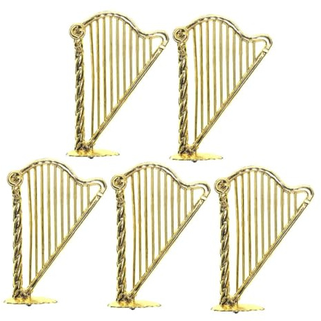 Puppenhaus Harfe 5stücke Kunststoff Miniaturinstrument 7,5x5x1cm Mottoparty | Goldfarbenes Satz, Kompakte Dekoration für Kleiner Klavier und Puppenfiguren, Vintage Stil, 1: 12