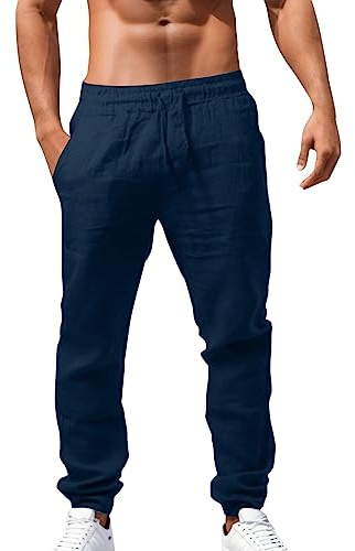 Luadnysin Leinenhose Herren Lang,Leichte Sommerhose Herren Slim Fit Freizeithose mit Kordelzug Urlaub Strand Yoga,S-5XL