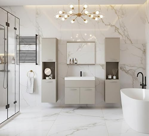 MINIO go for it - Badmöbel 4-Teilig Set Monal, Spiegel mit Regal | mit Waschbecken, Laminierte Spannplatte, Farbe: Cashmire Beige