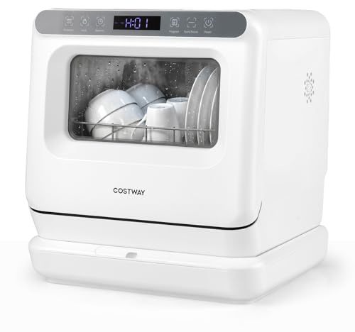 COSTWAY Lavastoviglie da Banco Portatile con Serbatoio 8,25 L e 6 Programmi | Lavastoviglie Compatta con Funzione Conservazione, Asciugatura ad Aria e Bracci Spruzzatori Doppia 360°